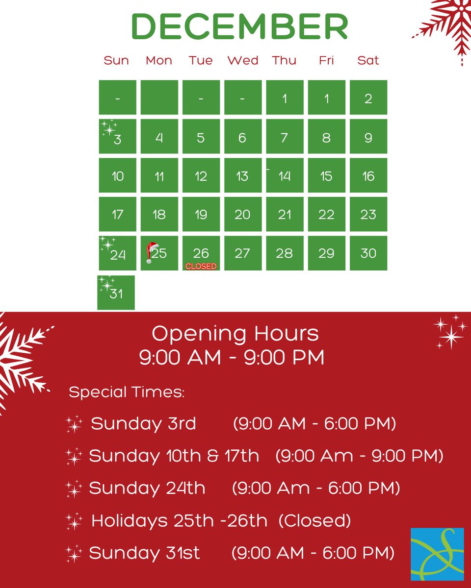 🎉Sheraton Holiday Hours 2023:

Monday - Saturday 9AM - 9PM

💫Sunday Opening Hours:

December 3rd (9 AM - 6 PM)
December 10th (9 AM - 9 PM)
December 17th (9 AM - 9 PM)
December 24th (9 AM - 6 PM)
Holidays 25th &amp; 26th (Closed)
December 31st (9 AM - 6 PM)