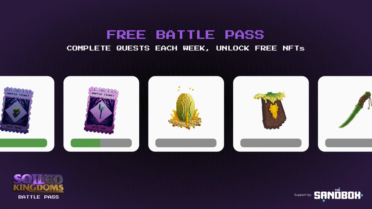 SoiledKingdoms's tweet photo. ⚔️ Claim Your Free Battle Pass!⚔️

Dive into a world of unique rewards and limited @TheSandboxGame NFTs.

Start your adventure at https://t.co/lNXETRGEJG 🪻 https://t.co/Q4Lk11uWzS