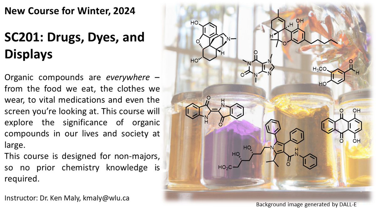 New course for W24 - SC201: Drugs, Dyes, and Displays with instructor Dr. <a href="/KenMaly1/">Ken Maly</a>. Learn about the food we eat, clothes we wear, medications, and the screen you are looking at right now! No prior chemistry knowledge (not even high school chemistry) is required. CRN 3845