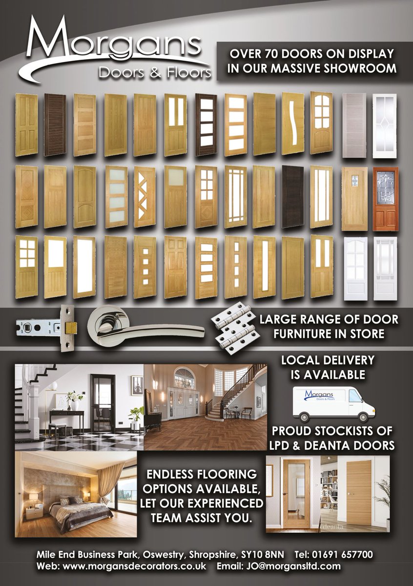 Morgans Doors And Floors Proud stockists of LPD and Dianta doors.
Suppliers of a wide range of door furniture with over 70 doors on display. 
01691 657 700 | jo@morgansltd.com | morgansdecorators.co.uk
Find them on Facebook: 'morgansdoorsandfloors'
@MorgansOswestry