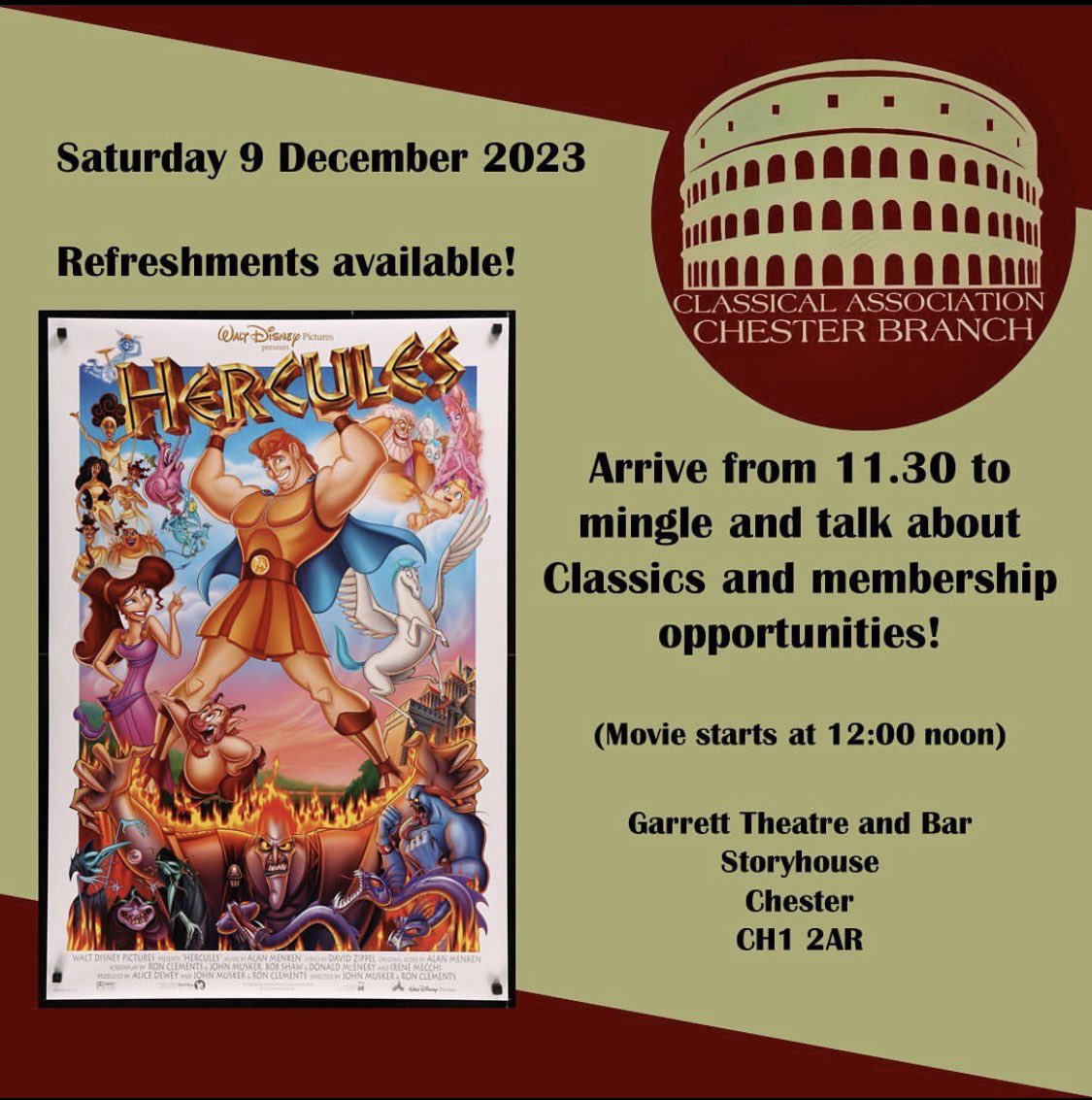 ChesterClassic1's tweet photo. Join us for our next free movie event on Saturday 9 December! We’ll be showing Disney’s Hercules, a classic which is perfect for family fun! Tickets available at: https://t.co/L2UWb36heW #chesterevents #chesterhistory #chesterfilms #chesterschools #freefamilyevents https://t.co/UYuksZnBGK