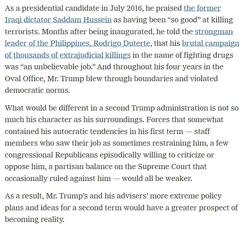 As Orwell said: to see what is in front of one's nose needs a constant struggle. Here @charlie_savage @jonathanvswan @maggienyt remind us what's at stake in the presidential election. Gift link: nytimes.com/2023/12/04/us/…