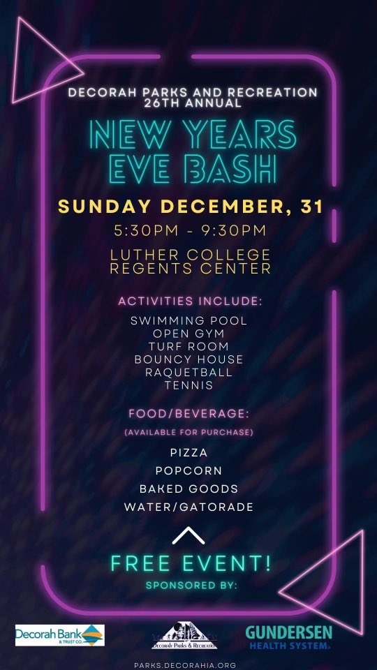 DecorahParkRec's tweet photo. Who's ready for our annual New Year's Eve Bash?!

We are less than a month away from a brand new year, which means it's time to celebrate 🥳

RSVP here: https://t.co/MHdAyus8y8 https://t.co/IOqIPb7tXl