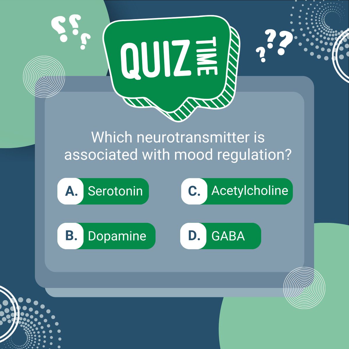 PTMDUK's tweet image. 🧠 Let&apos;s dive into neuroscience! 

Which neurotransmitter plays a key role in mood regulation? Share your guess in the comments, and tune in to our story tomorrow for the answer.

Unravel the mysteries of brain chemistry with us! 🌈🔍

#NeuroscienceQuiz #BrainHealth