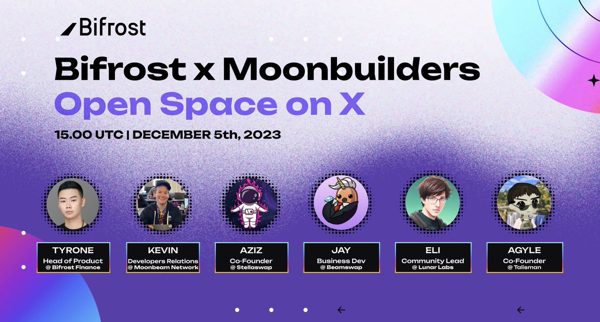 Bifrost's tweet photo. Another friend is joining the party! 🎉

@StillAgyle, Co-Founder at @wearetalisman, will be our guest, for the 1st Moonbuilders x Bifrost Space, tomorrow.

Explore cross-chain interoperability and future #vToken use-cases on @MoonbeamNetwork! 🌙

Join: https://t.co/Xx9oqMYFEt
