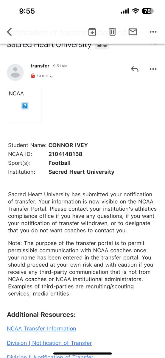 Connor Ivey (@connorivey04) on Twitter photo I am officially now in the transfer portal. Mail box is open
Position(s): TE/OL/ATH
Height: 6'6"
Weight: 265lbs
Cumulative GPA: 3.793
3 years of eligibility
NCAA ID: 2104148158
Phone: 203-598-2737
Email: civey095@gmail.com I am officially now in the transfer portal. Mail box is open
Position(s): TE/OL/ATH
Height: 6'6"
Weight: 265lbs
Cumulative GPA: 3.793
3 years of eligibility
NCAA ID: 2104148158
Phone: 203-598-2737
Email: civey095@gmail.com