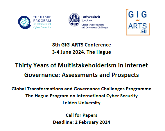 📢SAVE THE DATE! The 8th GIG-ARTS Conference takes place in The Hague, on 3-4 June 2024. #GIGARTS24
Theme: "Thirty Years of Multistakeholderism in Internet Governance: Assessments and Prospects"
CfP open now! gig-arts.eu
⏰Deadline: February 2, 2024
🗣️Spread the word!