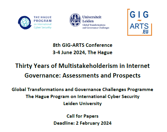 📢SAVE THE DATE! The 8th GIG-ARTS Conference takes place in The Hague, on 3-4 June 2024. #GIGARTS24
Theme: 'Thirty Years of Multistakeholderism in Internet Governance: Assessments and Prospects'
CfP open now! gig-arts.eu
⏰Deadline: February 2, 2024
🗣️Spread the word!