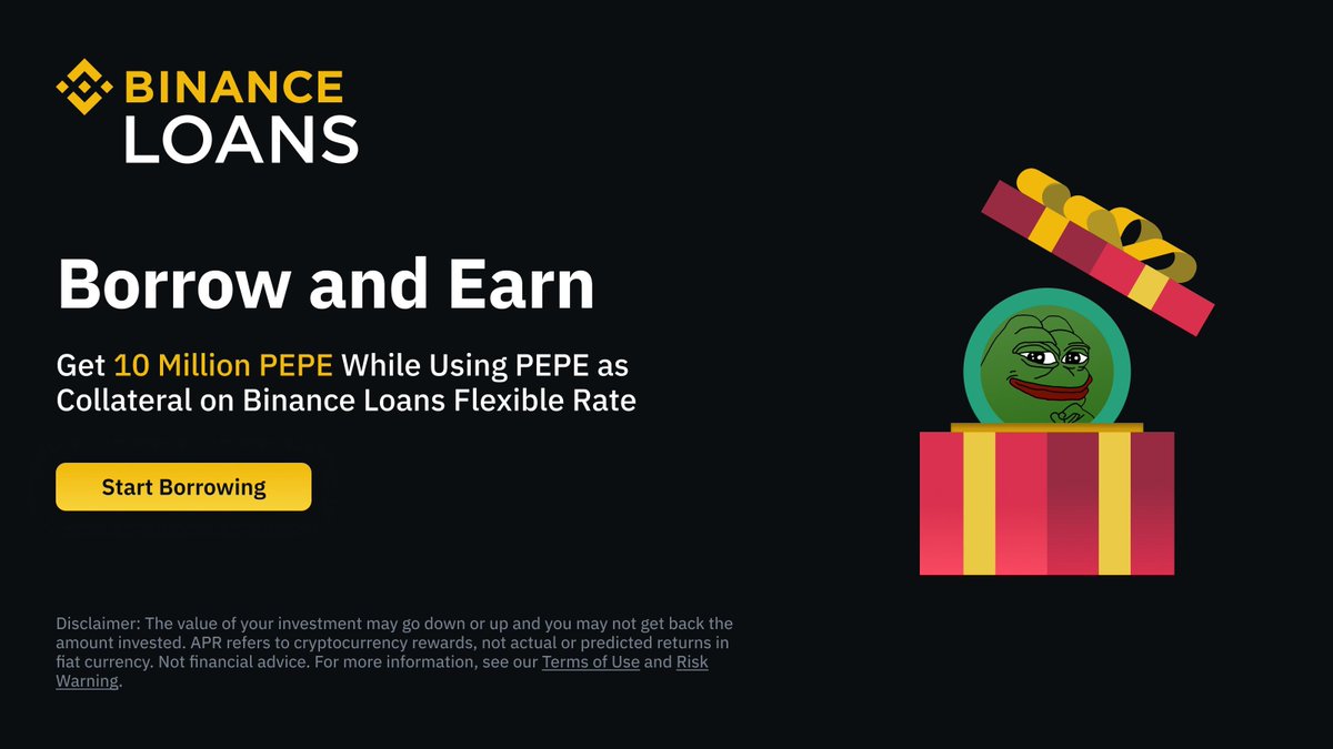 Start using $PEPE as collateral with #Binance Loans. For a limited time,  get 10M $PEPE when borrowing any token against it. More here 👉  https://t.co/saPqsEIub1