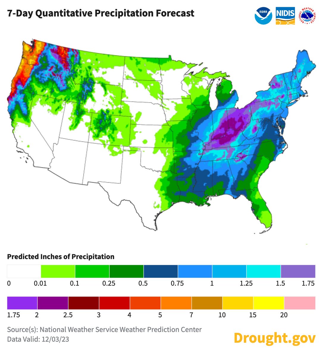 NIDIS Drought.gov (@noaadrought) on Twitter photo This week's precip forecast by <a href="/NOAA/">NOAA</a> <a href="/NWSWPC/">NWS Weather Prediction Center</a>
The Northwest, NorCal, and parts of the Rockies should see inches of precip. Good moisture for the South across to the Northeast too.
Close to nothing for the Southwest, Plains, Upper Midwest. #drought
drought.gov/forecasts <a href="/NWS/">National Weather Service</a> This week's precip forecast by <a href="/NOAA/">NOAA</a> <a href="/NWSWPC/">NWS Weather Prediction Center</a>
The Northwest, NorCal, and parts of the Rockies should see inches of precip. Good moisture for the South across to the Northeast too.
Close to nothing for the Southwest, Plains, Upper Midwest. #drought
drought.gov/forecasts <a href="/NWS/">National Weather Service</a>