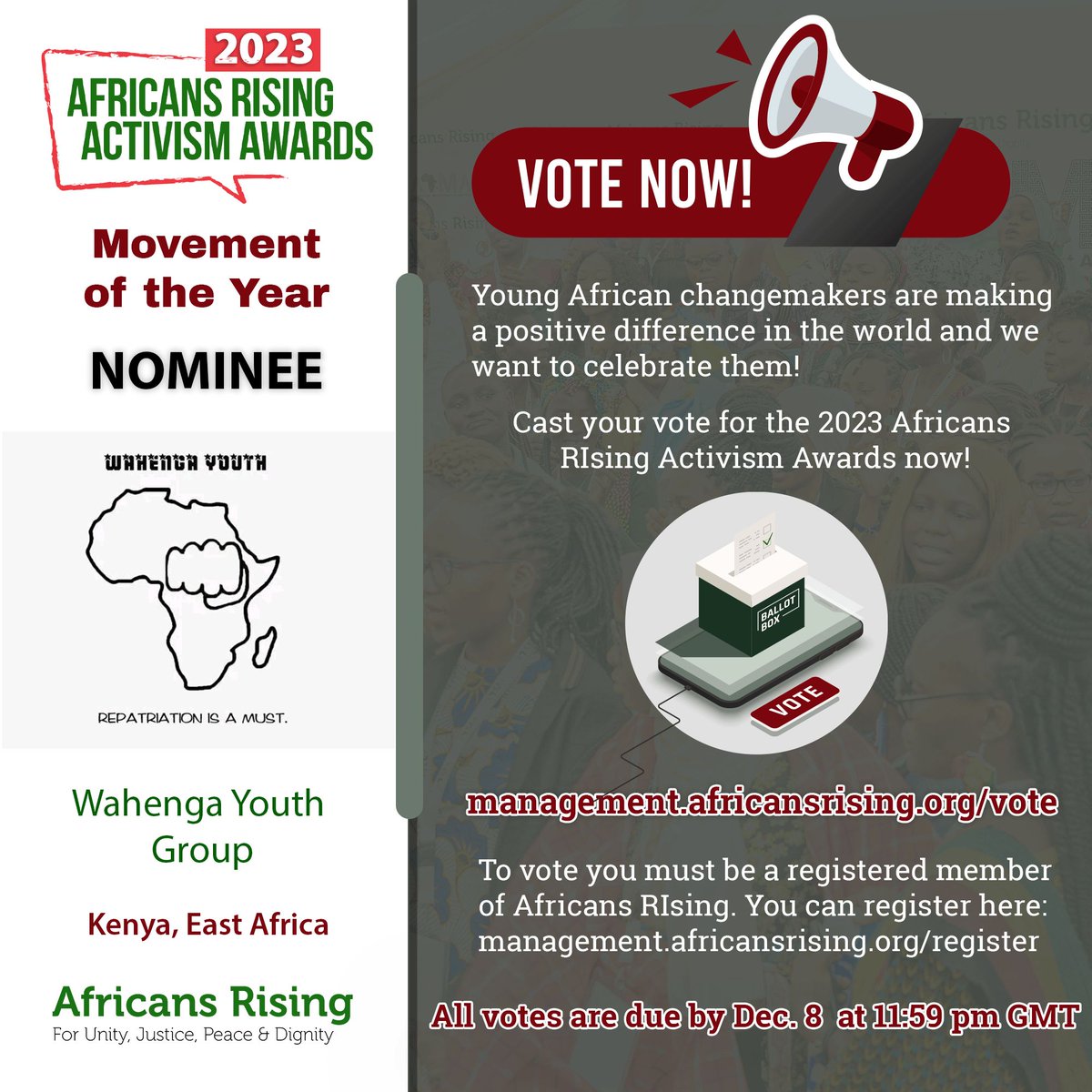A movement of youth, the Wahenga Youth Group based in #Kenya, #EastAfrica, is a nominee of the 5th edition of the #AfricansRising #ActivisimAwards. They are seeking your vote. To cast your vote, register as a member and proceed to vote! 

#ActivismAwards
#BorderlessAfrica