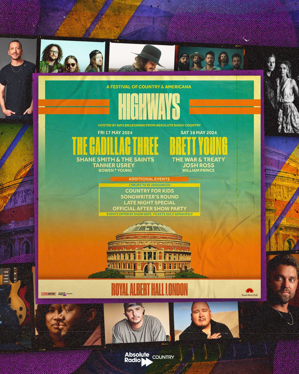 Check out the line-up for @HighwaysFest 2024! @BrettYoungMusic, @thecadillac3, @warandtreaty and many more will all be performing at the iconic @royalalberthall. Plus, our very own @HeyBaylen will be hosting! Tickets go on sale Friday 8 Dec at 10am: 🎟absoluteradiotickets.co.uk/country