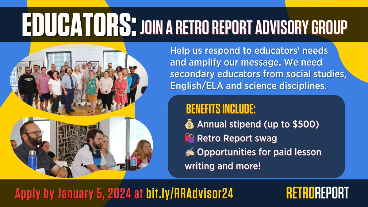 📣 Applications for the 2024 Retro Report Teacher Advisory Teams are officially live! We're looking for Social Studies, E.L.A., Science, E.L.L. and Special Education teachers to join our educator network. Click here to learn more and apply: bit.ly/RRAdvisor24.