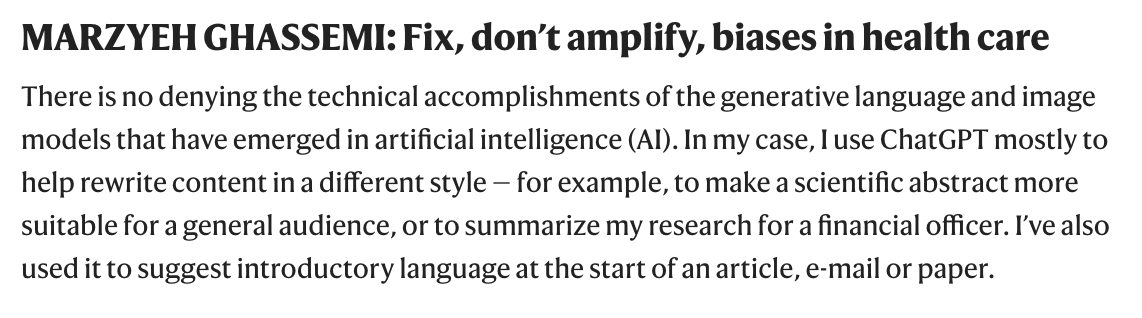 rowancheung's tweet photo. @MushtaqBilalPhD @emollick @SiddhrthKnkaria Marzyeh Ghassemi (@MarzyehGhassemi) uses ChatGPT for rewriting content in different styles, like making scientific abstracts more suitable for a general audience.

She also uses it to suggest introductory language for articles, emails, or papers. https://t.co/h9X8kJrMyM