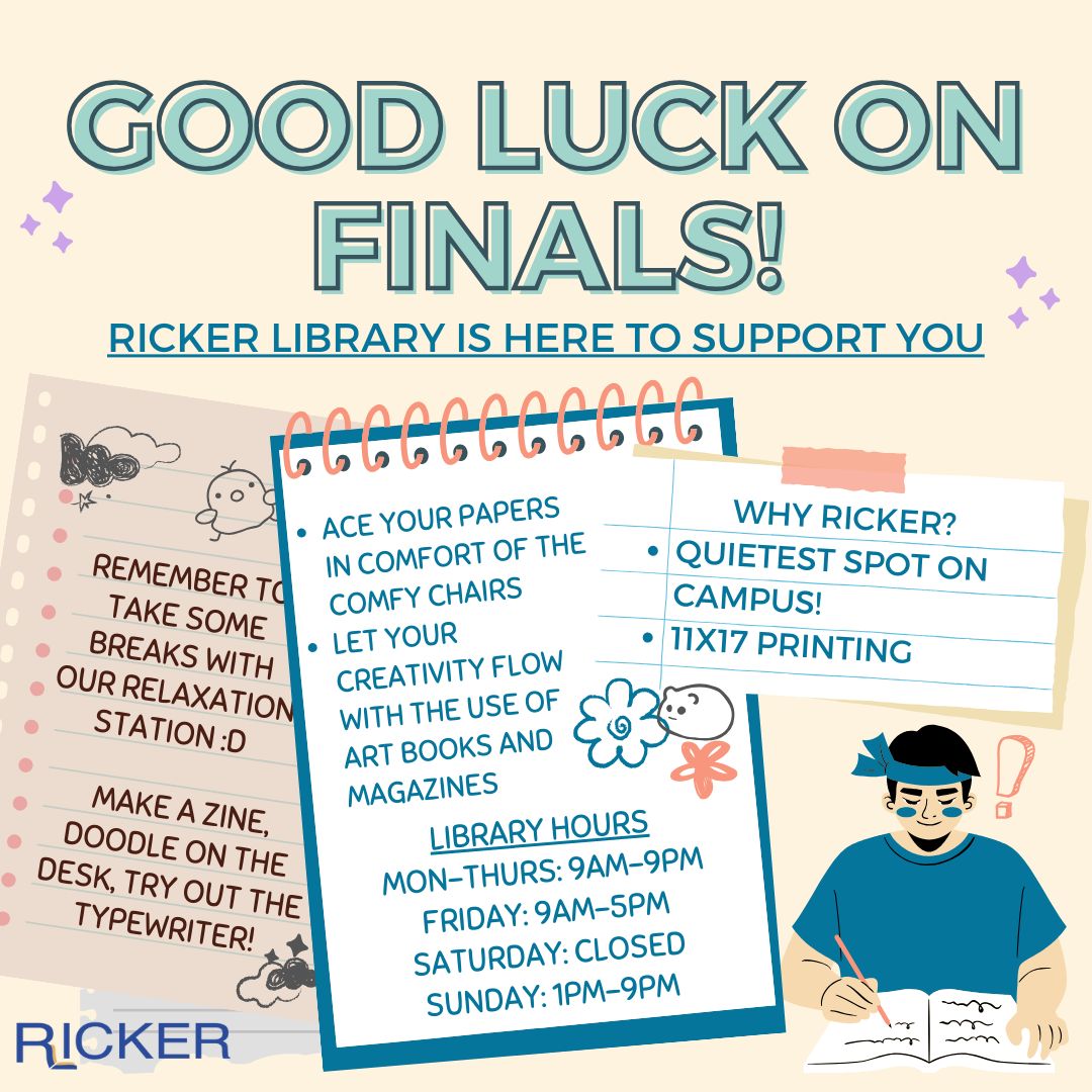 Whether you're an undergrad, grad, or faculty and staff, good luck to all with these upcoming weeks! We're just about at the finish line 🏃‍♂️ and Ricker Library is here to support you with materials, references, and break time. Self-affirmation time! 🔥 You got this!