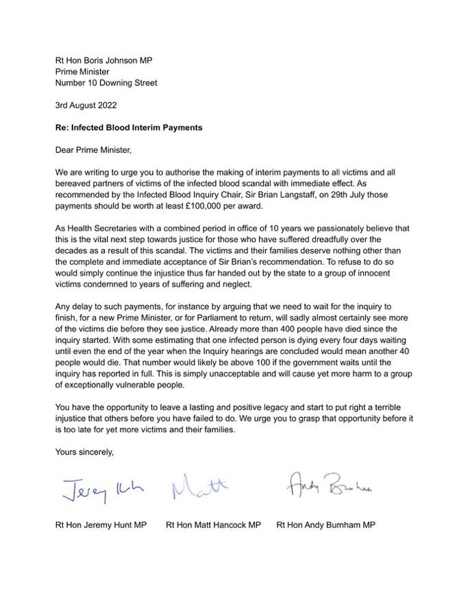 @Jeremy_Hunt I’m not sure how someone whipping their MPs to vote against Dame @DianaJohnsonMP amendment bill on @bloodinquiry recommendations can take the moral high ground Jeremy. Do you remember this letter when you were a backbencher 👇 A step up the ladder has changed your stance.
