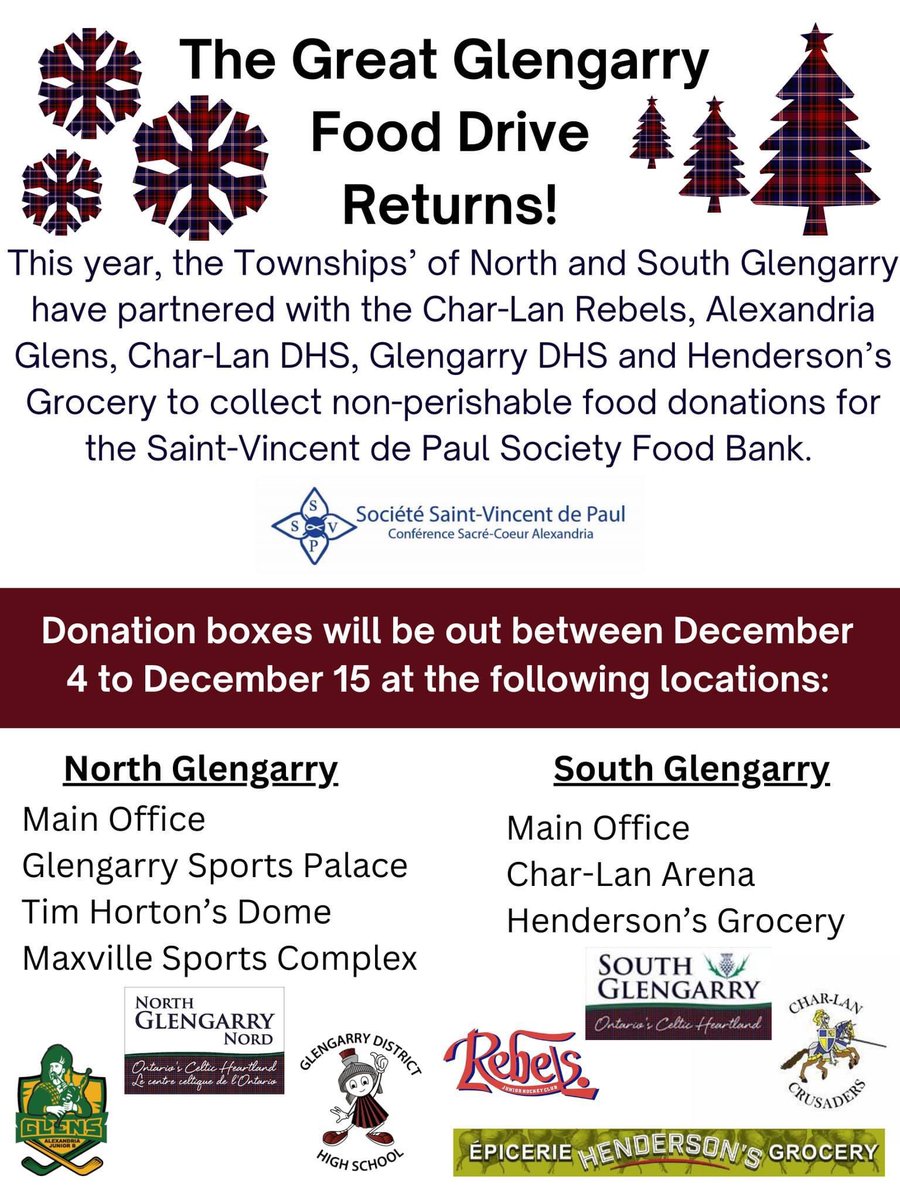 The Great Glengarry Food Drive Returns!!!🛒

Donation boxes will be out from Dec 4 to Dec 15:

North Glengarry 
👉Main Office
👉Glengarry Sports Palace
👉Tim Horton's Dome
👉Maxville Sports Complex

South Glengarry 
👉Main Office
👉Char-Lan Arena
👉Epicerie Henderson's Grocery