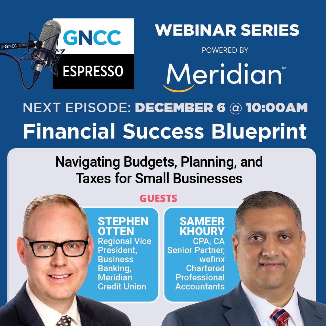 Do you have questions about taxes & budgets for your small business? If so, don't miss our final Espresso Live on Dec. 6, powered by @MeridianCU — Register for free at gncc.ca/espresso With guests • Stephen Otten, Meridian Credit Union • Sameer Khoury CPA, CA, @wefinx