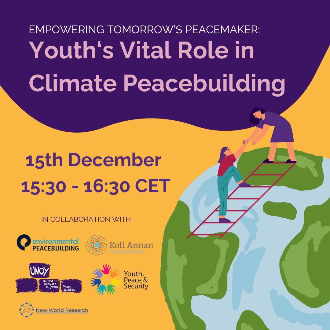 Join us for an event on 15 December: 'Empowering Tomorrow's Peacemaker: Youth's Vital Role in Climate Peacebuilding' To register: docs.google.com/forms/d/1hoV2H…
