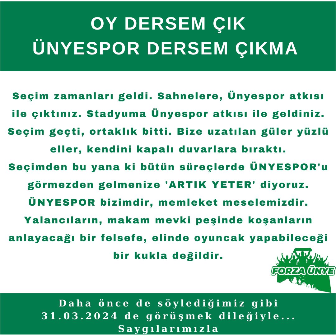 ForzaUnye's tweet photo. OY DERSEM ÇIK
ÜNYESPOR DERSEM ÇIKMA!

Seçim zamanları geldi. Sahnelere Ünyespor atkısı ile çıktınız. Stadyuma Ünyespor atkısı ile geldiniz.
Seçim geçti, ortaklık bitti. Bize uzatılan güler yüzlü eller, kendini kapalı duvarlara bıraktı. https://t.co/fYCQQUSosE