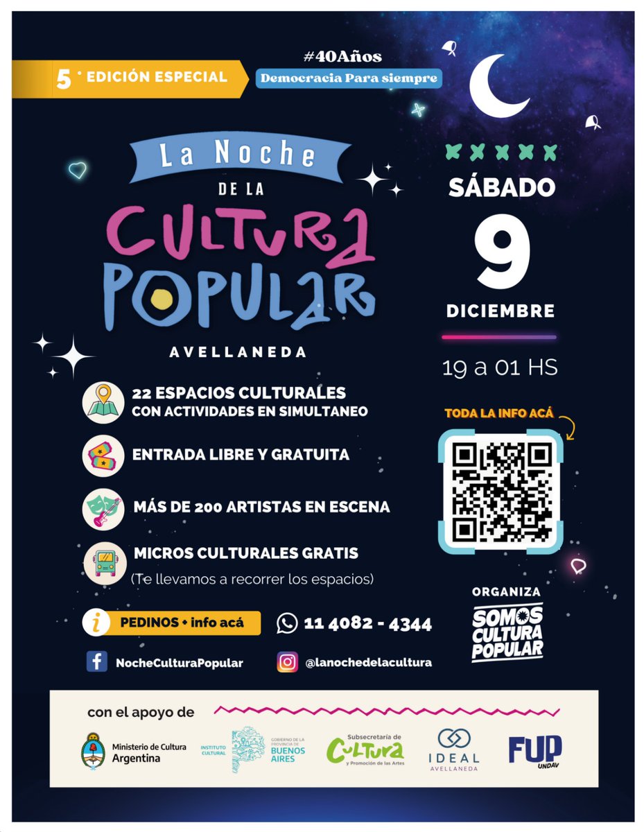 Vuelve La Noche de la Cultura Popular de Avellaneda 🎭.

Podes recorrer distintos espacios reservando tu lugar en los MICROS CULTURALES GRATUITOS (cupos limitados) 🚌

Reservas e info al wsp 11-4082-4344 📲

Todas las actividades son con entrada libre y gratuita 🤩