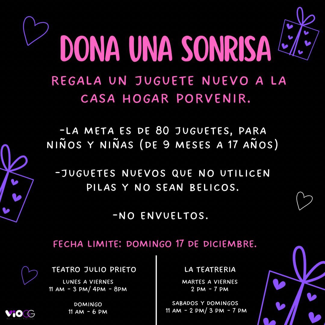 ¿Nos ayudan con una sonrisa? 

El próximo lunes 18 de diciembre, se hará una posada para lxs niñxs de la casa hogar Porvenir, y necesitamos ayuda para darles un juguete a cada uno. 

Ojalá puedan ayudarnos!!! 
<a href="/LaTeatreria/">La Teatrería</a> y el <a href="/TeatroXola/">TEATRO XOLA</a> son nuestros centros de acopio 💜🎄