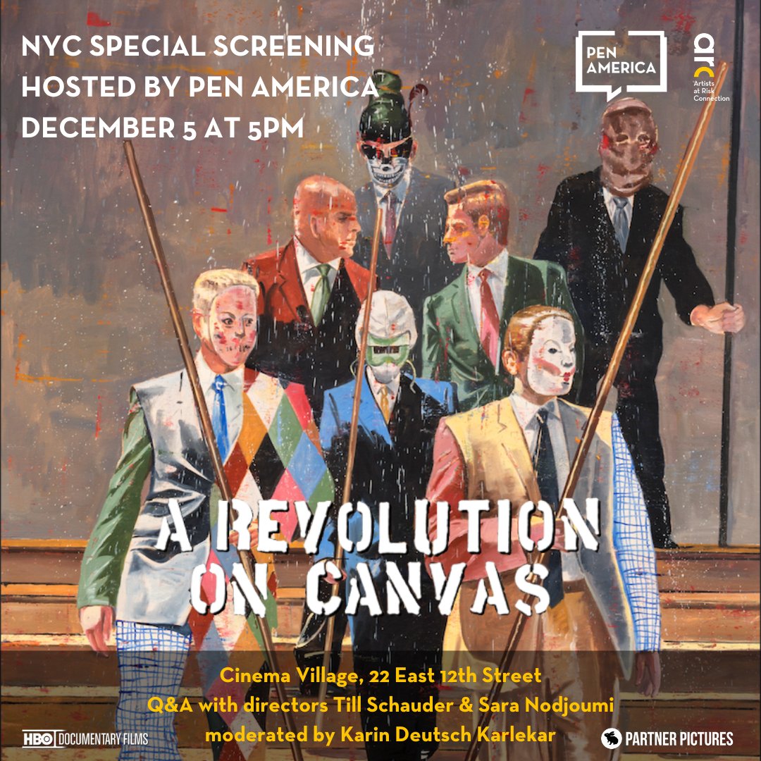 PEN America (@penamerica) on Twitter photo NYC: Join PEN America's <a href="/karinkarlekar/">Karin D Karlekar, PhD</a> and Film Directors Sara Nodjoumi & Till Schauder, with <a href="/AtRiskArtists/">ARC – Artists at Risk Connection</a>, for a screening of "A Revolution on Canvas," followed by a Q&A. Free but register here by Dec 5: pen.org/event/a-revolu… NYC: Join PEN America's <a href="/karinkarlekar/">Karin D Karlekar, PhD</a> and Film Directors Sara Nodjoumi & Till Schauder, with <a href="/AtRiskArtists/">ARC – Artists at Risk Connection</a>, for a screening of "A Revolution on Canvas," followed by a Q&A. Free but register here by Dec 5: pen.org/event/a-revolu…