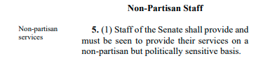 meunierfredz's tweet photo. Funny reading:
"5. (1) Staff of the Senate shall provide and
must be seen to provide their services on a
non-partisan but politically sensitive basis."
Source: Senate Administrative Rules (SARS)
@SenateCA
@DLeBlancNB
#ScrapC21 #PartisanSenate