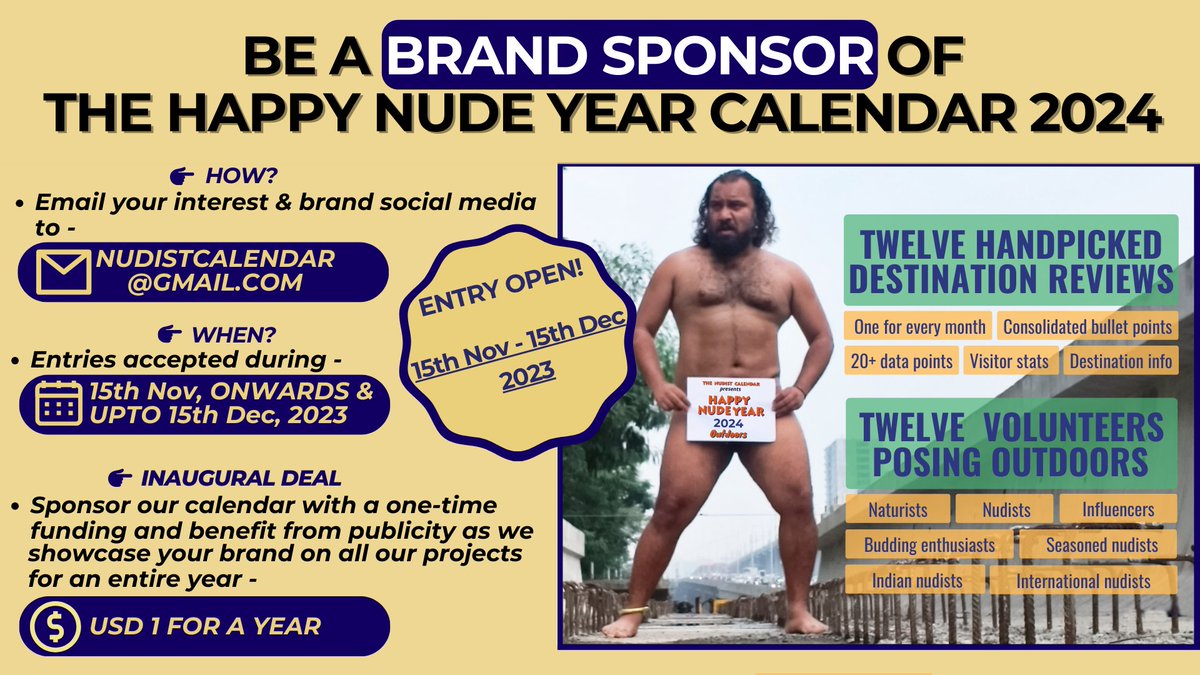NudistCalendar's tweet photo. Inaugural deal for nudist / non-nudist brands! 

Only 3 slots for a deal of one year! 

#brandpartnership
#brandsponsorship
#getfeatured
#visitorstats
#reviewplatform
#annualcalendar
#happynudeyearcalendar https://t.co/sYqB2gsLrM