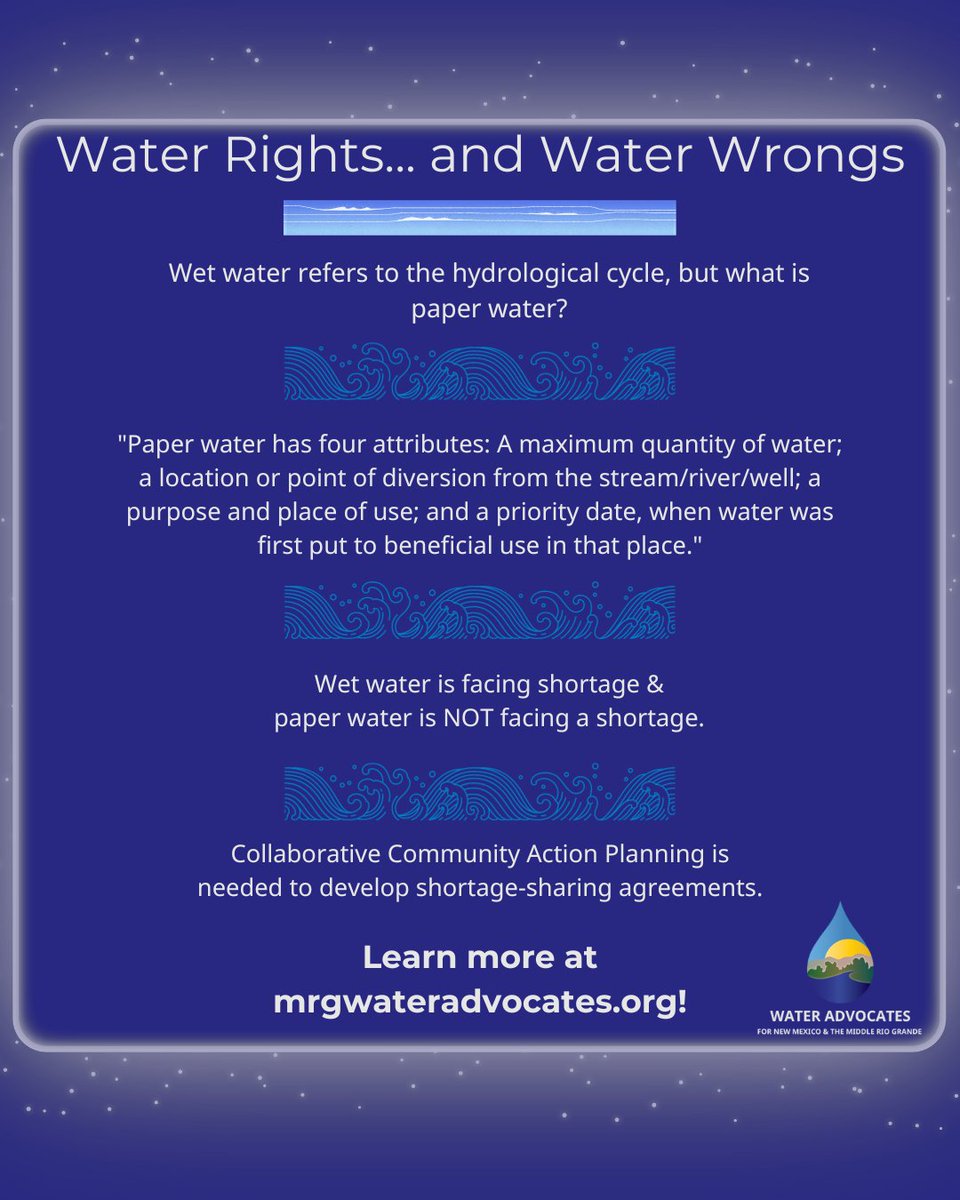 NMWaterAdv's tweet image. A future of surface water depletion due to increasing temperatures and evaporation.
Groundwater studies and dry wells heighten risks for New Mexican&apos;s. 
Visit the website MRGwateradvocates.org for more information. 
#conservation #communitypractices #waterislife #watercantwait