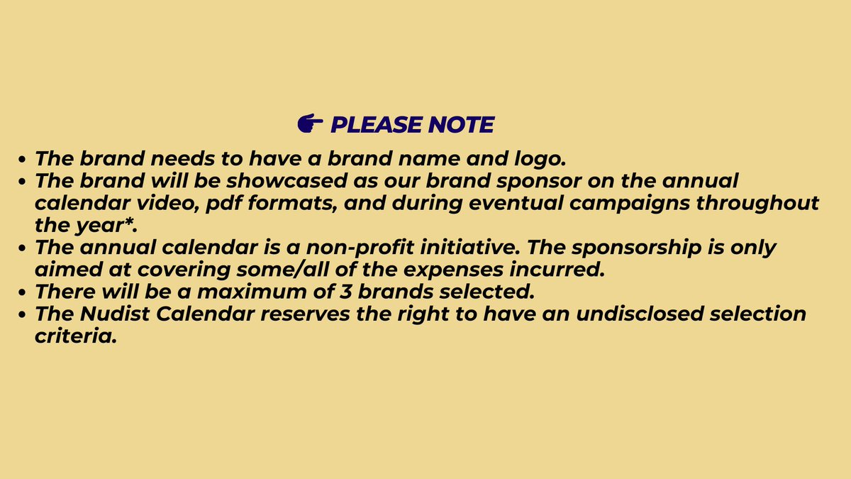 Inaugural deal for nudist / non-nudist brands! 

Only 3 slots for a deal of one year! 

#brandpartnership
#brandsponsorship
#getfeatured
#visitorstats
#reviewplatform
#annualcalendar
#happynudeyearcalendar