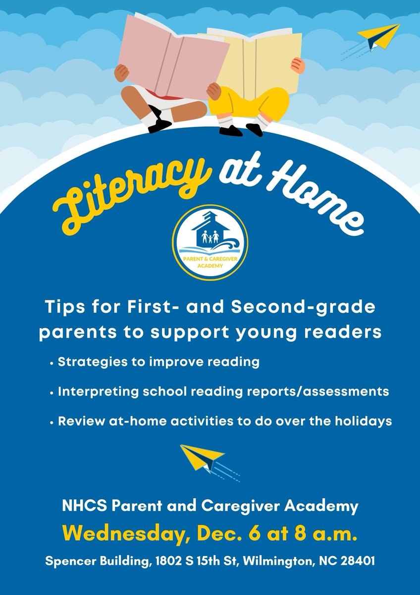 On Wednesday morning we'll host this month's Parent and Caregiver Academy on supporting literacy at home. These tips will be great to take into winter break to help your first- and second-grade students keep growing in their reading. Hope to see you there!