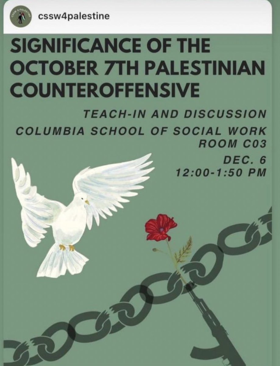 GlobalRabbi's tweet image. The Columbia School of Social work will not allow the unauthorized event supporting Hamas to take place.

The Dean of the #CSSW Dr. Mellisa Begg released this statement:

“We support free speech but don’t condone language that promotes violence in any manner. The event will not…