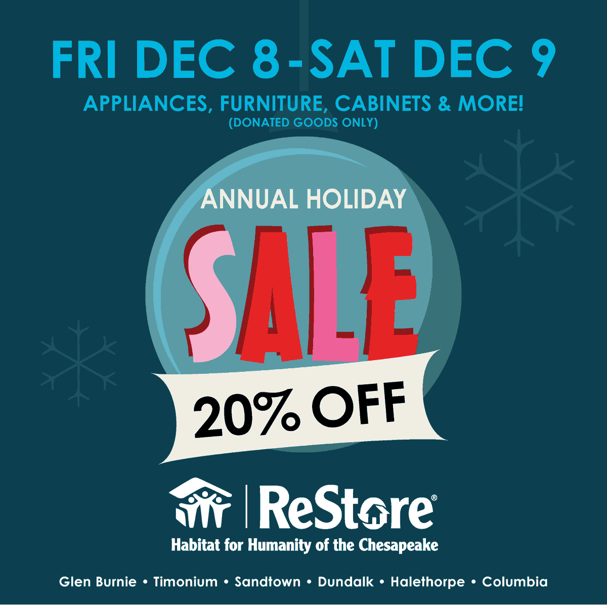 HFHCReStore's tweet photo. This Friday &amp; Saturday ONLY - swing by
one of the six ReStore locations for a very festive 20% off #HolidaySale! ❄️❄️ Grab gifts for
that special someone or spruce up your living space
for your guests this holiday season! https://t.co/CHxHeLXyg0