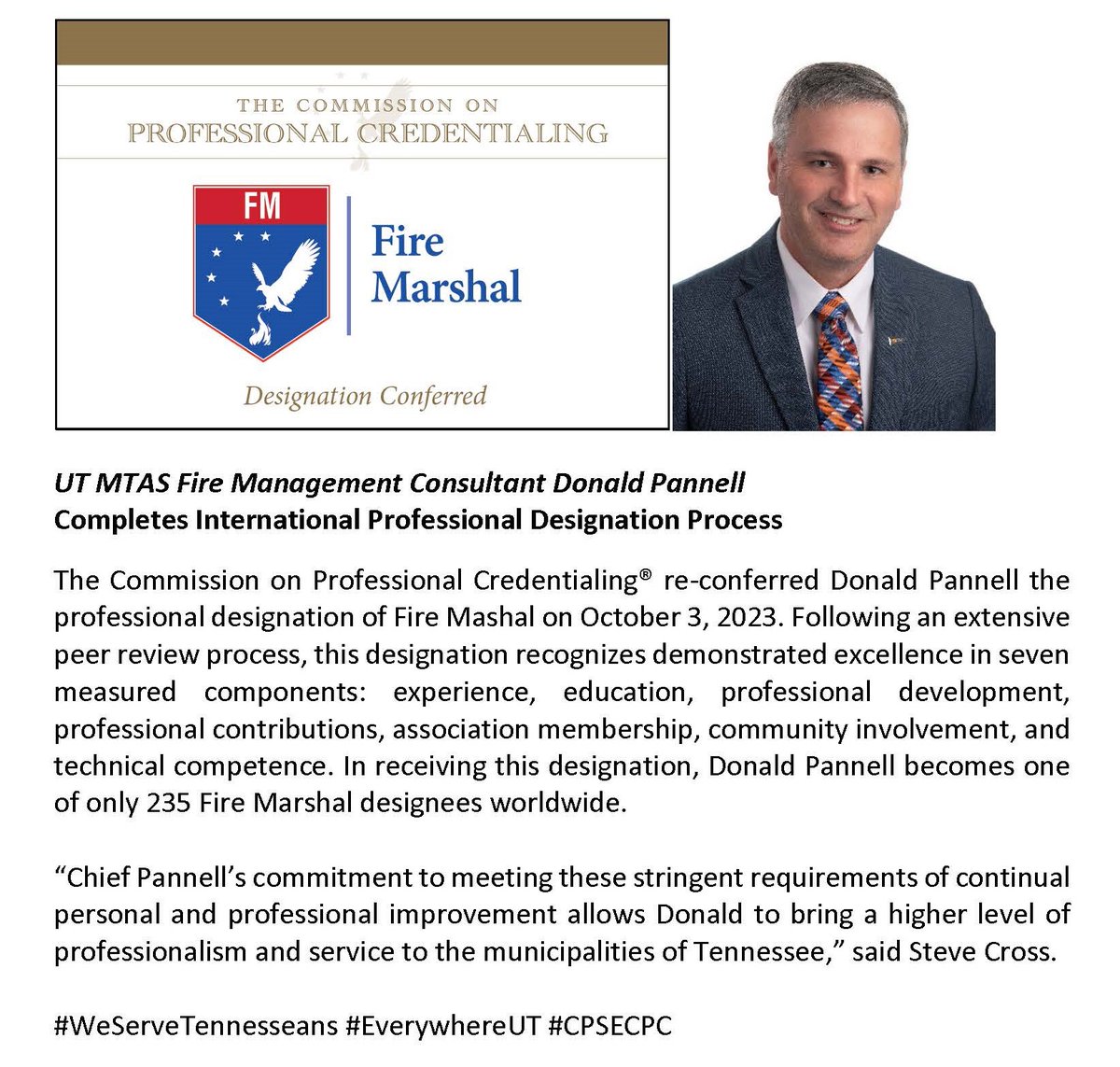 UT_MTAS's tweet photo. Congratulations to MTAS Fire Management Consultant Donald Pannell on again achieving the professional designation of Fire Marshal through the Center for Public Safety Excellence! #WeServeTennesseans #EverywhereUT #CPSECPC https://t.co/8qbFDtx0kH