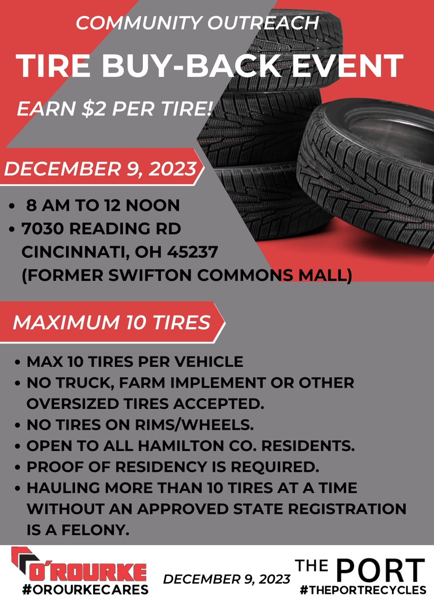 Please join The Port and @ORourkeWrecking for a tire buyback event this Saturday, December 9 from 8 am-12 pm. Details can be found in the attached flyer. We hope to see you there! #ThePortRecycles