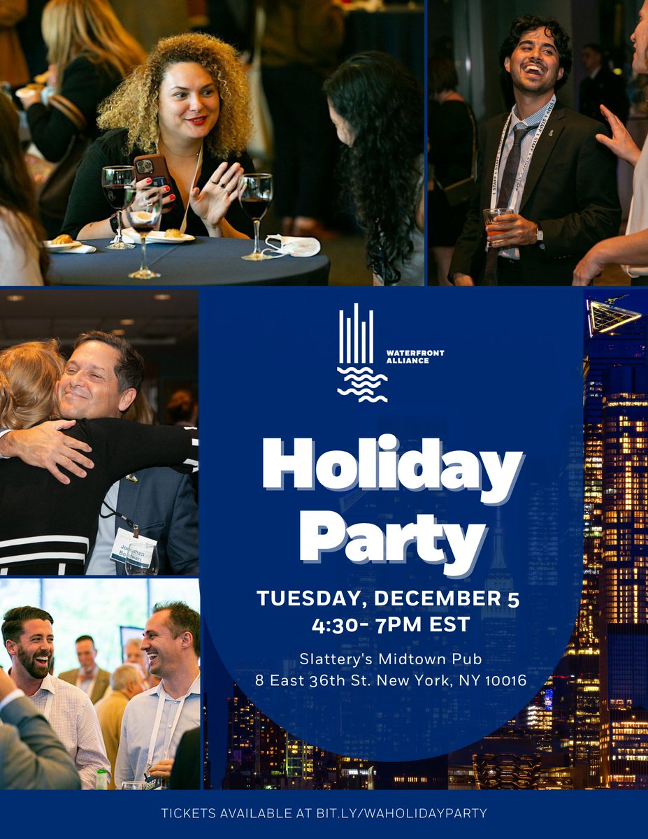 Don’t forget the Waterfront Alliance holiday party is tomorrow, Tuesday, December 5! We’ll be hosting a special edition of nautical/NYC-themed team trivia with prizes, a raffle and more. Join us at Slattery’s Midtown Pub from 4:30pm—7pm! Just $7 a ticket: bit.ly/WAholidayparty