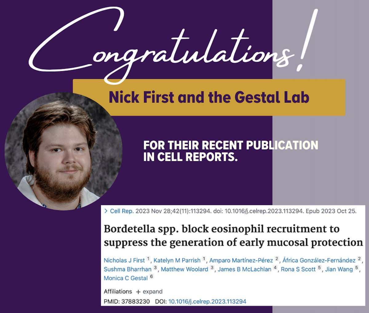 LSU Health Shreveport Microbiology and Immunology (@lsuhs_micro) on Twitter photo Congratulations to <a href="/NickFirst13/">Nick First</a> on his recent publication in <a href="/CellReports/">Cell Reports</a>. His paper discusses how Bordetella species block eosinophil recruitment to suppress mucosal immunity. Check it out here: pubmed.ncbi.nlm.nih.gov/37883230/
<a href="/LSUHS/">LSU Health Shreveport</a> <a href="/LSUHSResearch/">LSU Health Shreveport Research</a> <a href="/LSUHS_PhD/">LSUHS School of Graduate Studies</a> <a href="/monica_gestal/">Gestal Lab</a> Congratulations to <a href="/NickFirst13/">Nick First</a> on his recent publication in <a href="/CellReports/">Cell Reports</a>. His paper discusses how Bordetella species block eosinophil recruitment to suppress mucosal immunity. Check it out here: pubmed.ncbi.nlm.nih.gov/37883230/
<a href="/LSUHS/">LSU Health Shreveport</a> <a href="/LSUHSResearch/">LSU Health Shreveport Research</a> <a href="/LSUHS_PhD/">LSUHS School of Graduate Studies</a> <a href="/monica_gestal/">Gestal Lab</a>