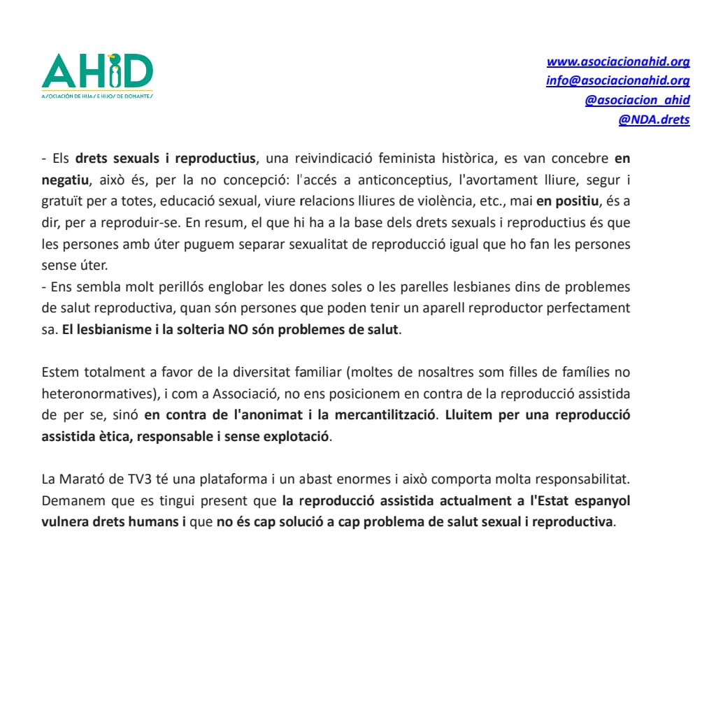 Referent a la propera marató de <a href="/som3cat/">3Cat</a> sobre salut sexual i reproductiva emetem el següent sobre els aspectes étics pendents a Espanya en materia de drets humans i reproducció assistida:

#Aboliciondelanonimato #reproduccionasistida #infertilidad #donacionsdegametos #NDA