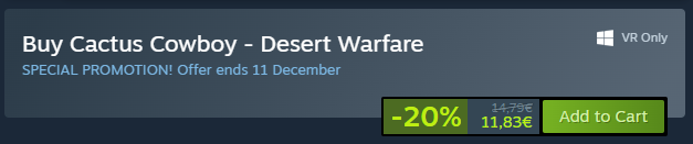 CactusVRStudios's tweet photo. Cactus Cowboy - Desert Warfare is 20% off on SteamVR.
#SteamVRFest https://t.co/iQKWw6RauO