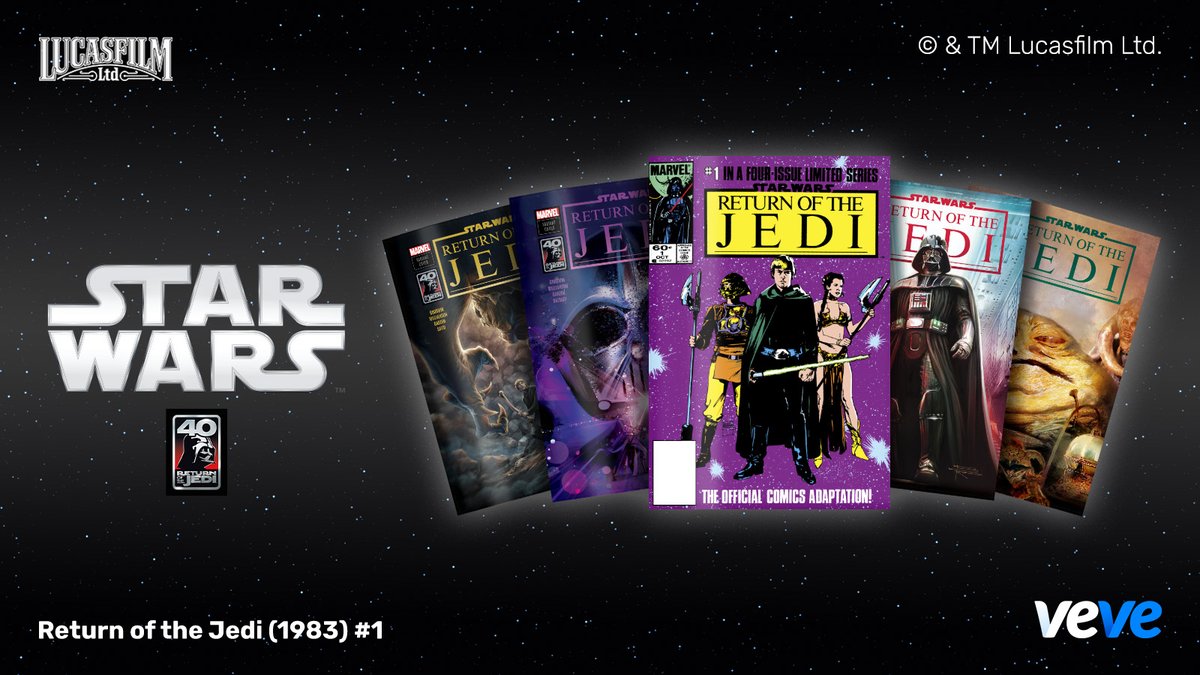 Celebrate the 40th Anniv. of @StarWars Return of the Jedi with issue #1 of the official comics adaptation!

This first-of-its-kind comic drop features 4 VeVe variant covers by <a href="/sinKEVitch/">Bill Sienkiewicz</a> <a href="/nicolettabaldar/">nicoletta baldari</a> <a href="/broodone/">Brian Rood</a> and #DiogoSaito. Drops Fri, 15 Dec at 8AM PT.

#CollectorsAtHeart