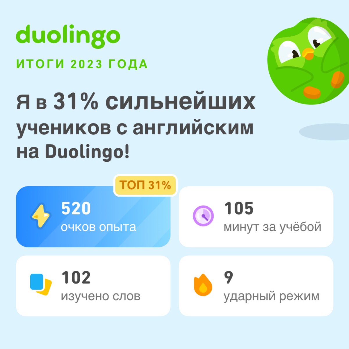 TianMiki's tweet photo. Смотрите, сколько всего мне удалось выучить на Duolingo в 2023 году! А как прошёл ваш год? #Duolingo365 https://t.co/iSMGY1j08c