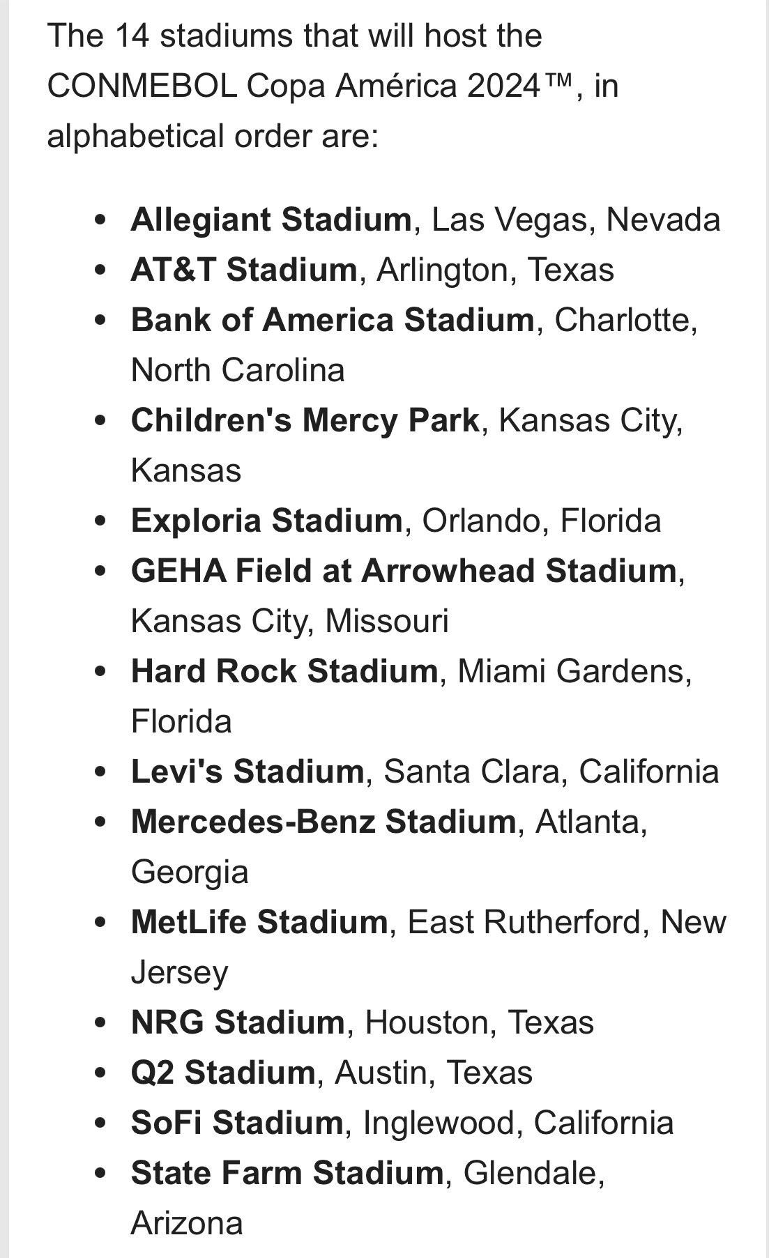 CONMEBOL Announces Host Venues for Opening and Final matches of