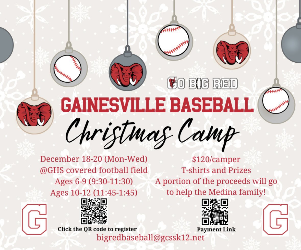 Join us for the Annual GHS Baseball Christmas Camp! 🎄 Limited spots available. GO BIG RED!!! #GBR #pray4jeremy

Link to register...
docs.google.com/forms/d/e/1FAI…