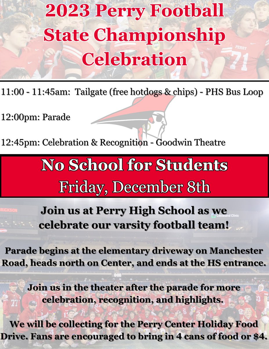 Perry Local School District (@perrylocal_lake) on Twitter photo Join us to celebrate our first varsity football state championship! Please let us know if you plan to attend any of the events so that we can have the proper amounts of food and seating available. RSVP by Thursday afternoon at forms.gle/JgMZV1RCqwHHDX… Join us to celebrate our first varsity football state championship! Please let us know if you plan to attend any of the events so that we can have the proper amounts of food and seating available. RSVP by Thursday afternoon at forms.gle/JgMZV1RCqwHHDX…