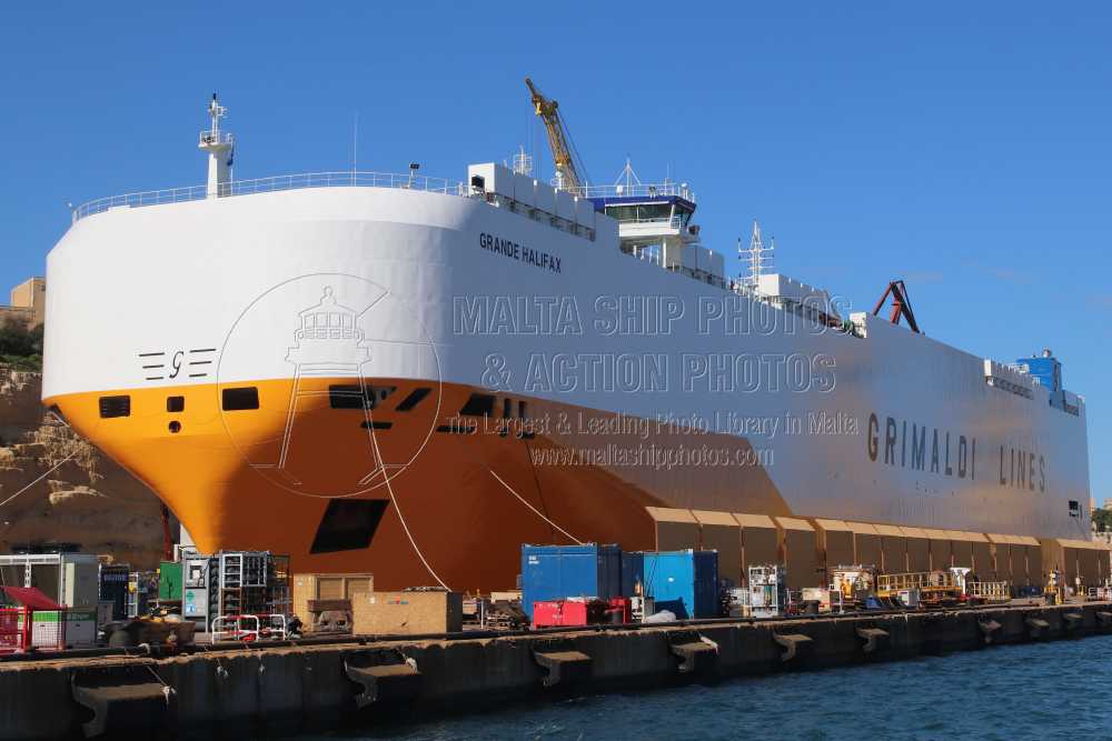 #GrimaldiLines #carcarrier #GRANDE_HALIFAX #drydocked at #PalumboMaltaShipyard,  #grandharbourmalta - 05.02.2023 - www.maltashipphotos.com- NO PHOTOS can be used or manipulated without our permission @GrimaldiLines