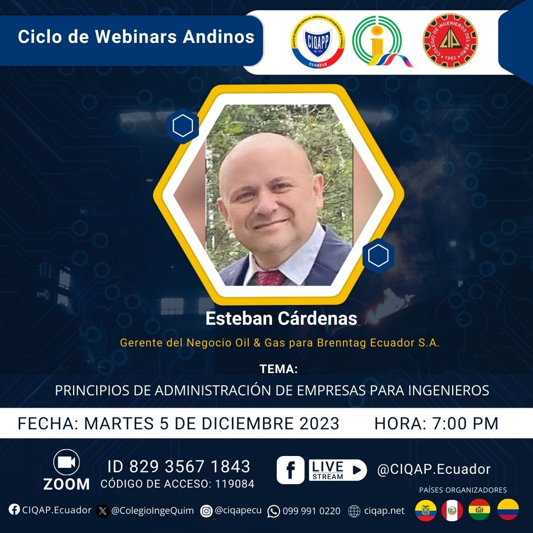 ColegioIngeQuim's tweet photo. ✅  Ciclo de Webinars Andinos: *Gerente del Negocio Oil &amp; Gas para Brenntag Ecuador S.A.* https://t.co/vTWhqpDCFL