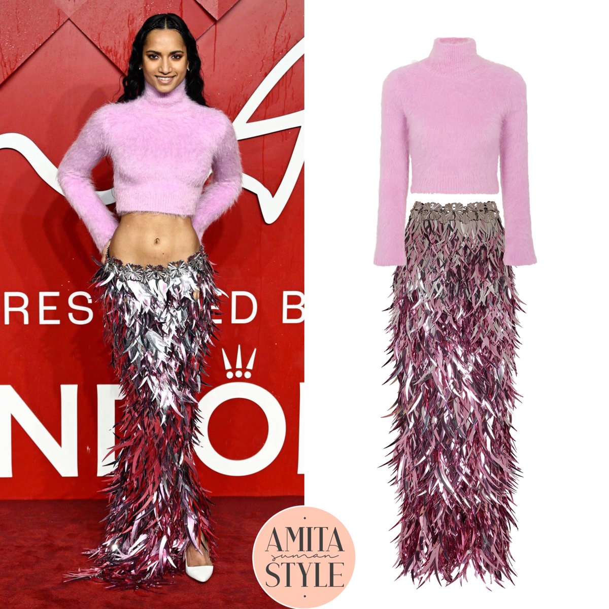 AmitaSumanStyle's tweet photo. Amita Suman wore the #PacoRabanne ‘Pink Turtleneck Sweater’ (£840) and the ‘Fringed Metallic Feather Maxi Skirt’ (£13,000) attending the The Fashion Awards 2023 hosted by Pandora. https://t.co/tpUumVuL3D