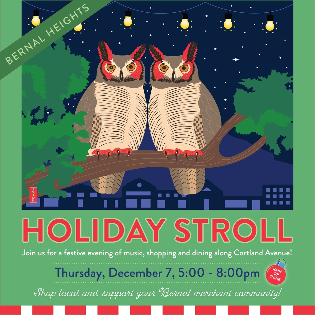 This Thursday!! Holiday Stroll from 5-8 along Cortland. There’s a kickoff at Charlie's Cafe in Precita Park at 4:00!⁠
⁠
Live music, caroling, Santa at the BHNC and Hanukkah at Or Shalom, plus an expanded Bernal Village Marketplace featuring local craftspeople!⁠
⁠ ⁠