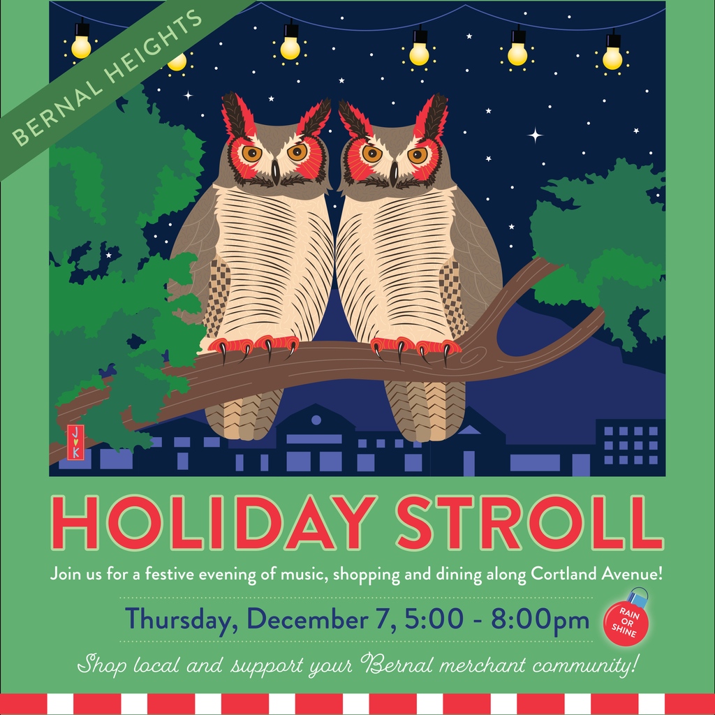 This Thursday!! Holiday Stroll from 5-8 along Cortland. There’s a kickoff at Charlie's Cafe in Precita Park at 4:00!⁠ ⁠ Live music, caroling, Santa at the BHNC and Hanukkah at Or Shalom, plus an expanded Bernal Village Marketplace featuring local craftspeople!⁠ ⁠ ⁠